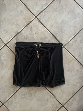 SHEIN Black Drawstring Velvet Shorts with Gold Accent